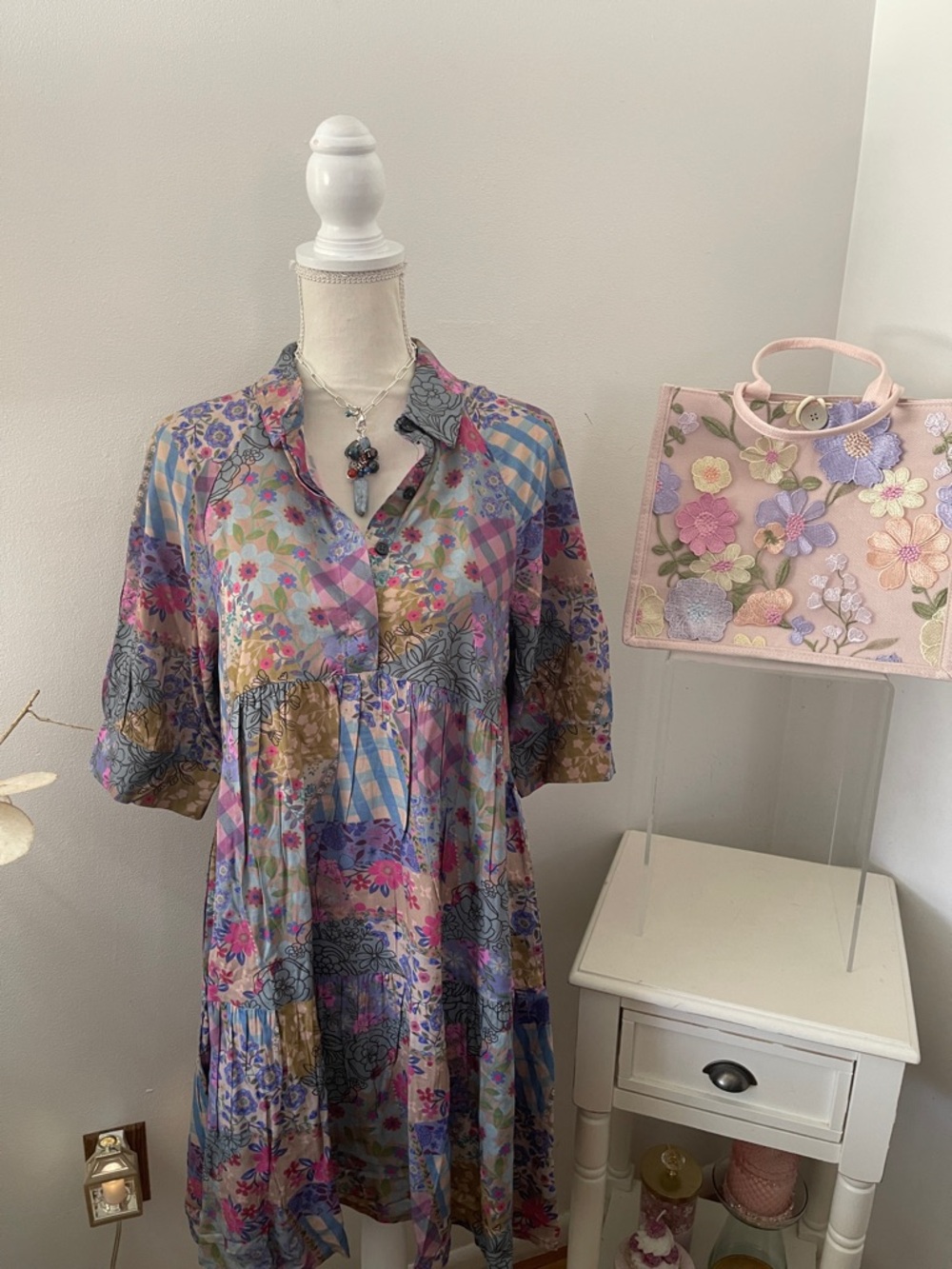 NATURAL LIFE Pastel Floral Patchwork Tunic Dress - Pink, Blue, Lavender, Green